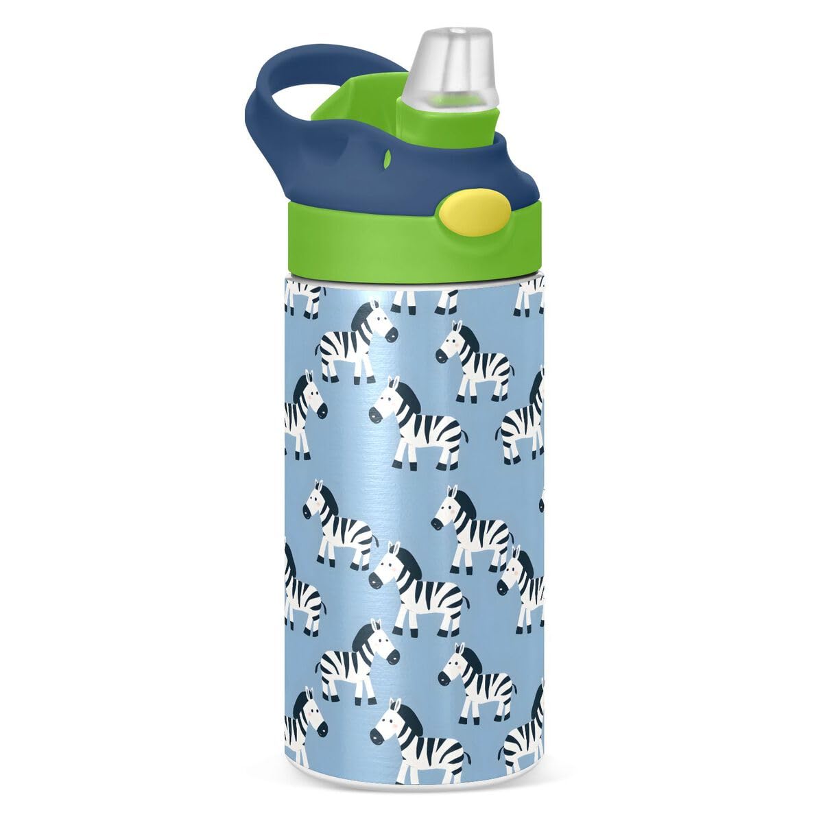 ALAZA Zebra Cartoon Blue Kids Water Bottles Insulated Stainless Steel Tumbler Travel Cup Lids Straw Double Walled Leakproof 12 O