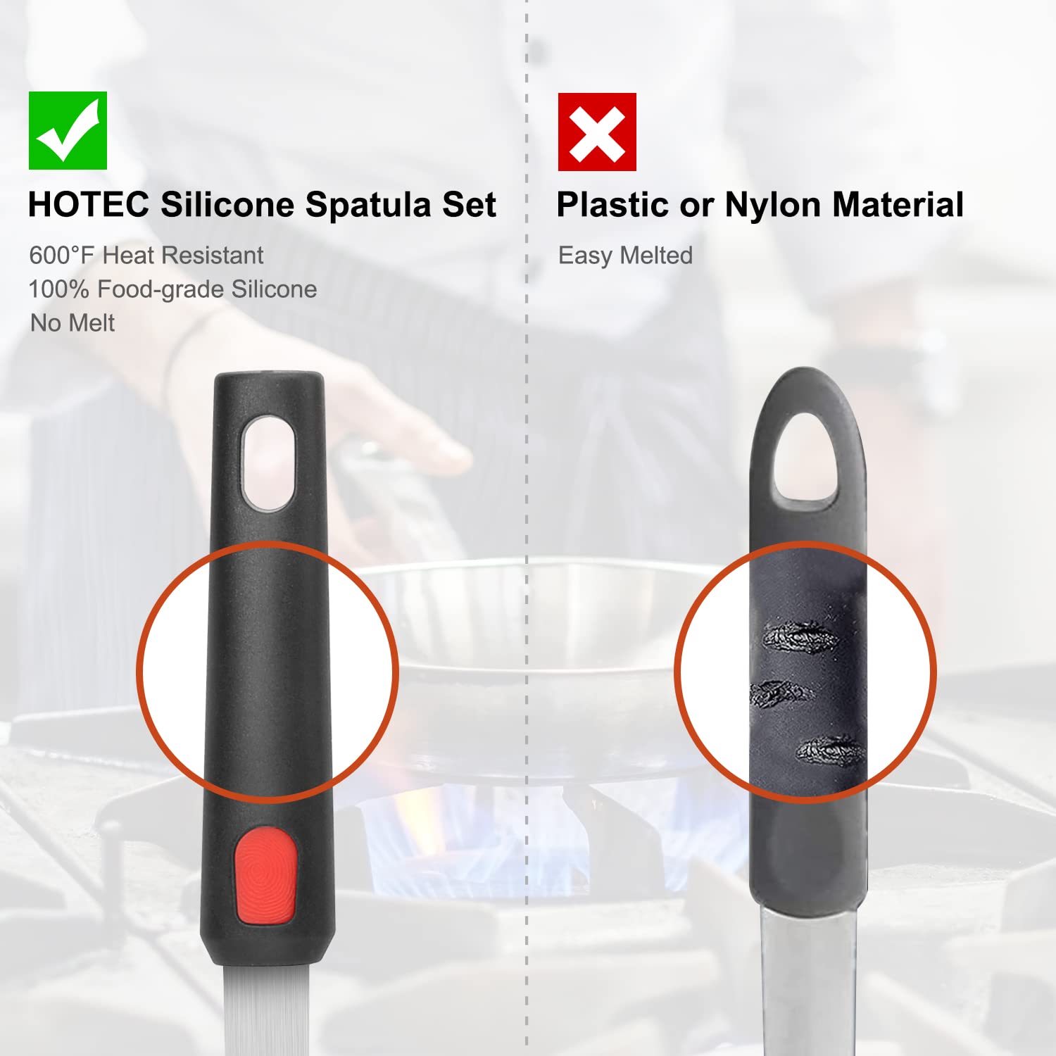 Hotec Silicone Spatula Turner For Nonstick Cookware, Cooking Spatula 600F Heat Resistant Large Flexible Rubber Spatula Set Of 3,