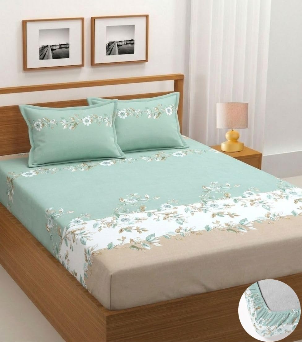 BLUEDOT Glace Cotton 1 Double Size Elastic Fitted Bedsheet(72x78 Inches) with 2 Pillow (Fit Upto 68 Inches Mattress)Green,Oran