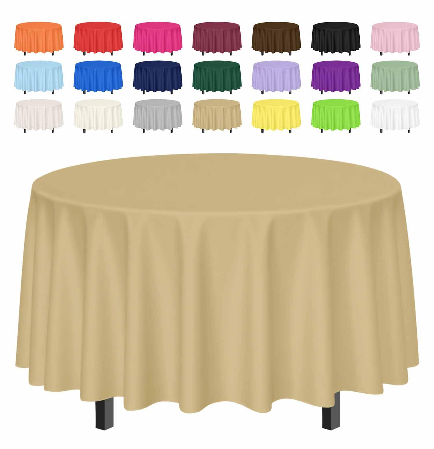 SietDESEO 2 Pack Gold Tablecloth Round 84 x 84 Plastic Table Cover Waterproof Gold Table Cloth Disposable for Wedding Birthday B