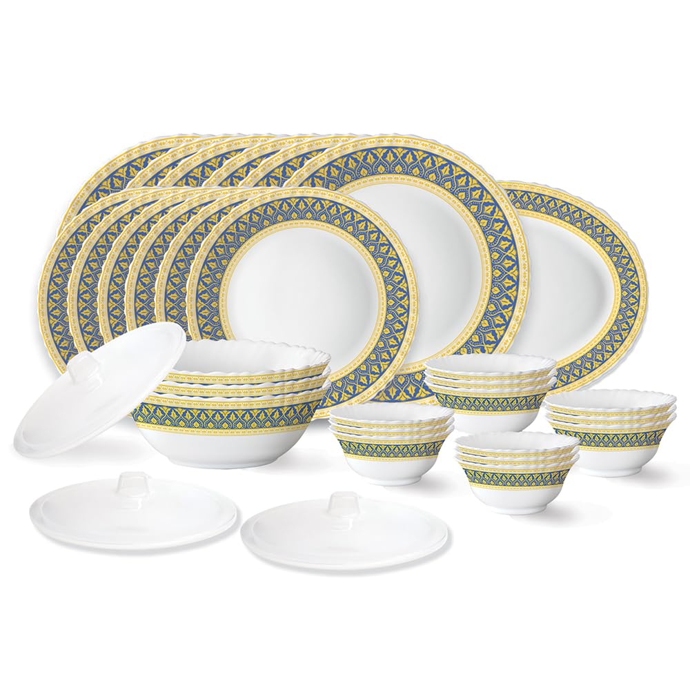 Larah By Borosil Regal Fluted Series Opalware Dinner Set | 31 Pieces For Family Of 6 | Microwave & Dishwasher Safe | BoneAsh Fr