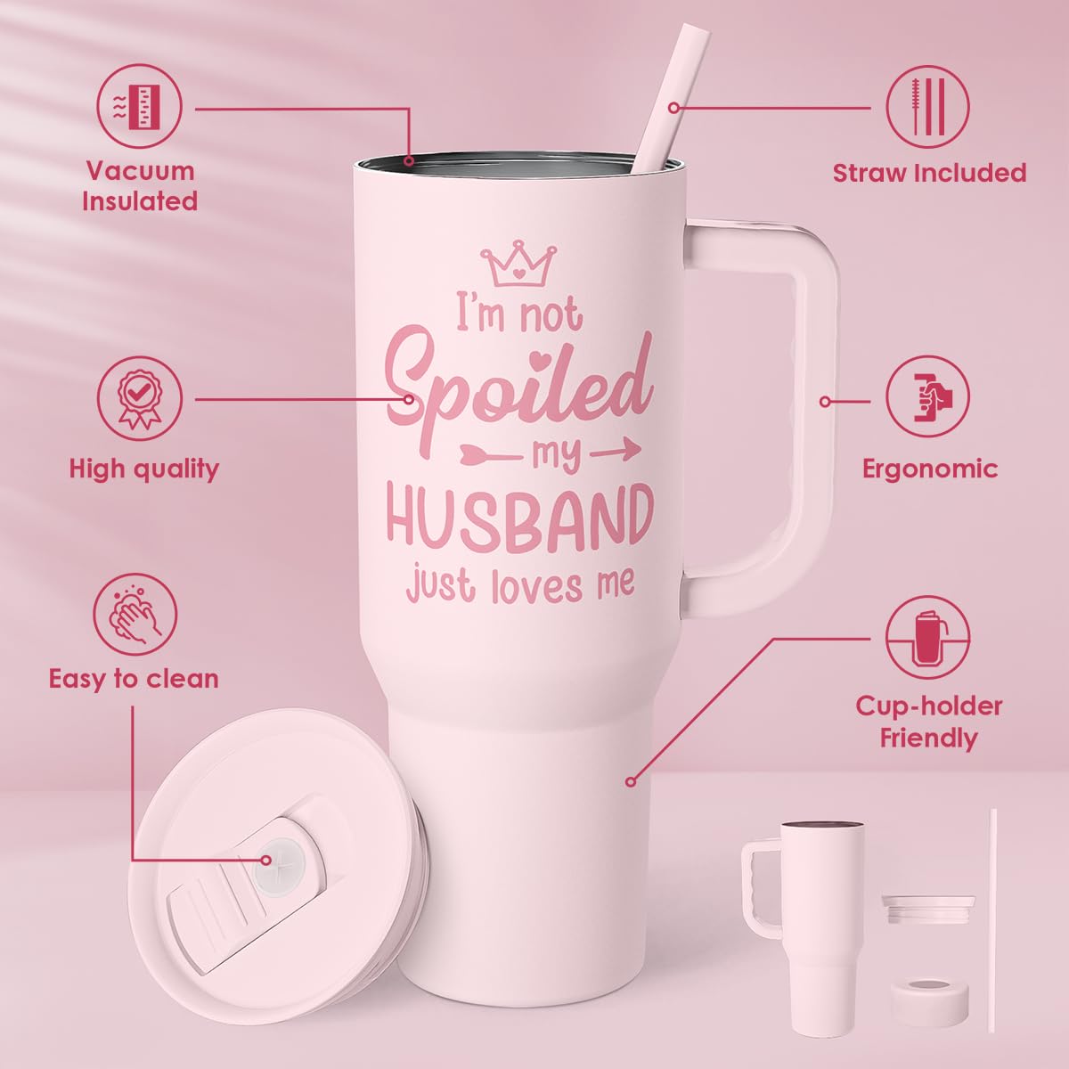 Gift for Wife from Husband, Funny Insulated Stainless Steel Tumbler 40oz with Handle and Straw - Travel Coffee Mug Gift for Wife
