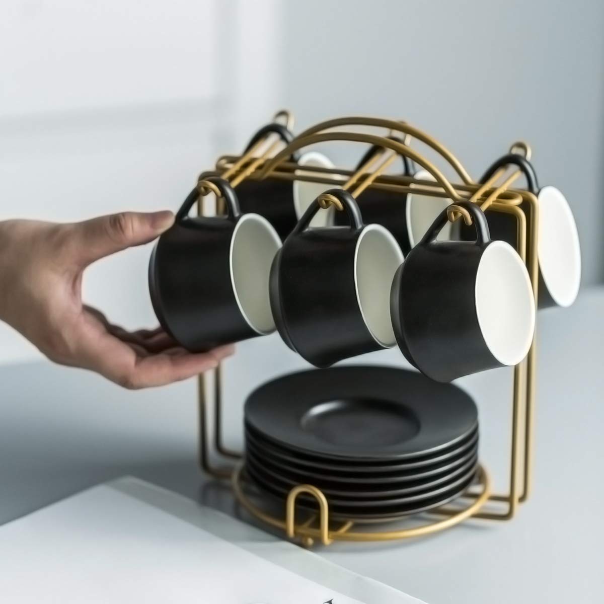 Yhosseun Coffee Espresso Cups With Saucers Set With Cup Holder 4 Oz, Set Of 6 - Demitasse Cups Black