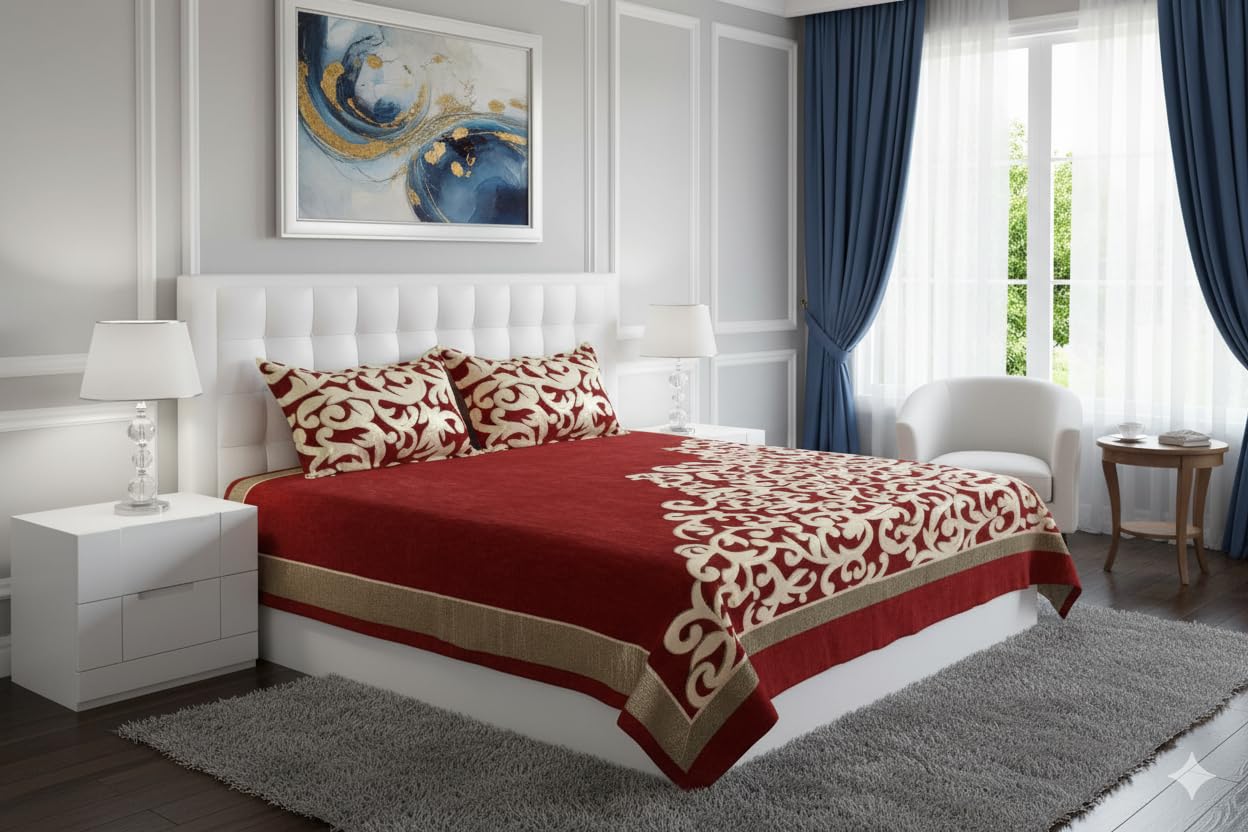 Fresh From Loom Chenille Velvet Abstract 500 Tc Heavy Bedsheet For Double Bed King Size  90 X 100 Inch Red Color With 2 Pillow 