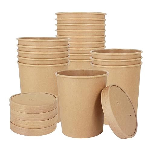 Belinlen 30 Sets 32 oz Paper Ice Cream Cups with Lids  Paper Food Containers With Vented Lids  To Go Hot Soup Bowls For Restaurants  Take Outs  or To-Go Lunch  Kraft