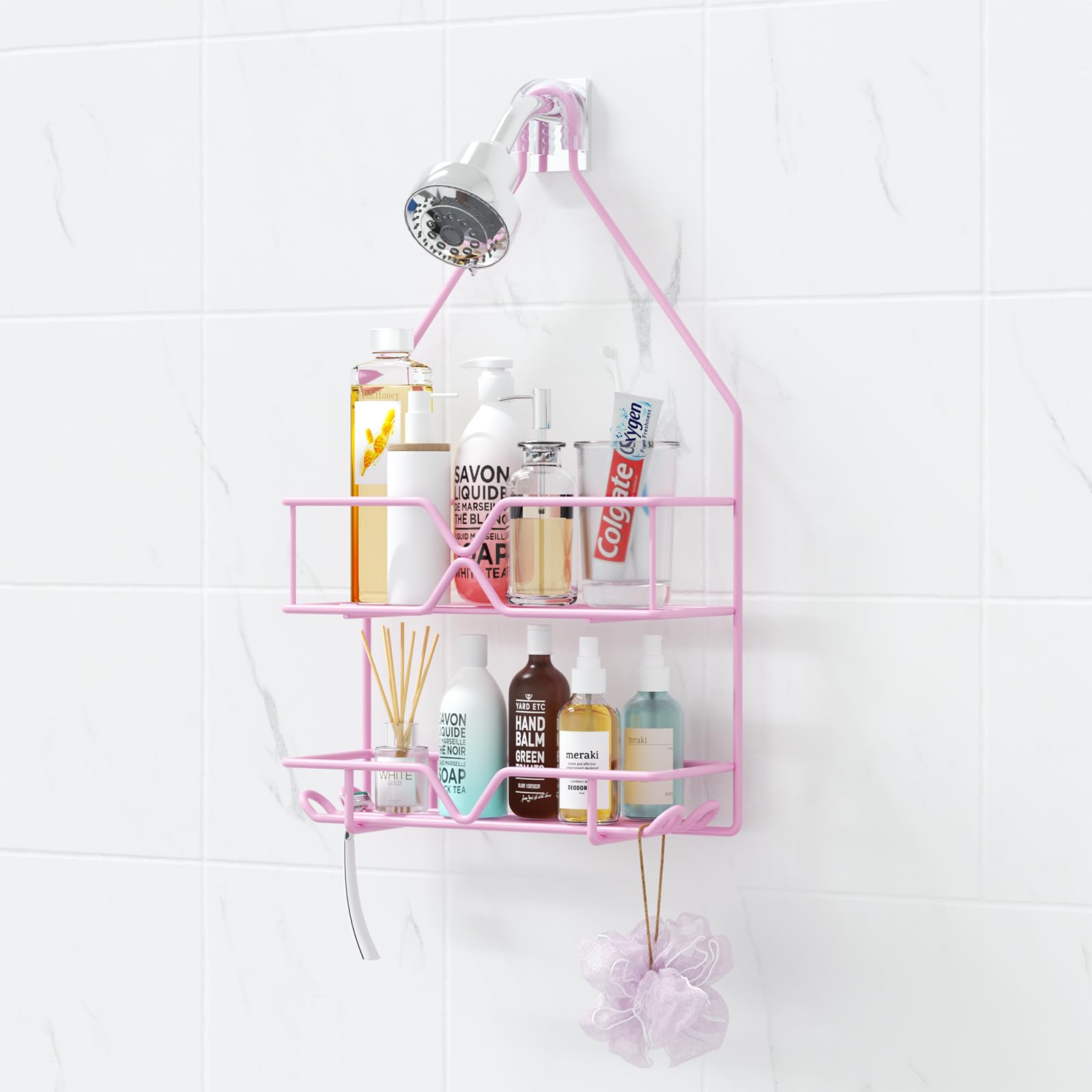 Treelen Pink Shower Caddy Over Shower Head, Pink Bathroom Accessories, Gift For Girlfriend, Wife, Little Girl