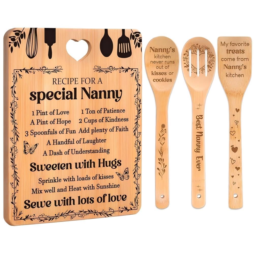 Gifts for Nanny -  Recipe for a Special Nanny  Nanny Gifts Cutting Board Set, Bamboo-Made Engraved Utensil Set Nanny Gifts for G