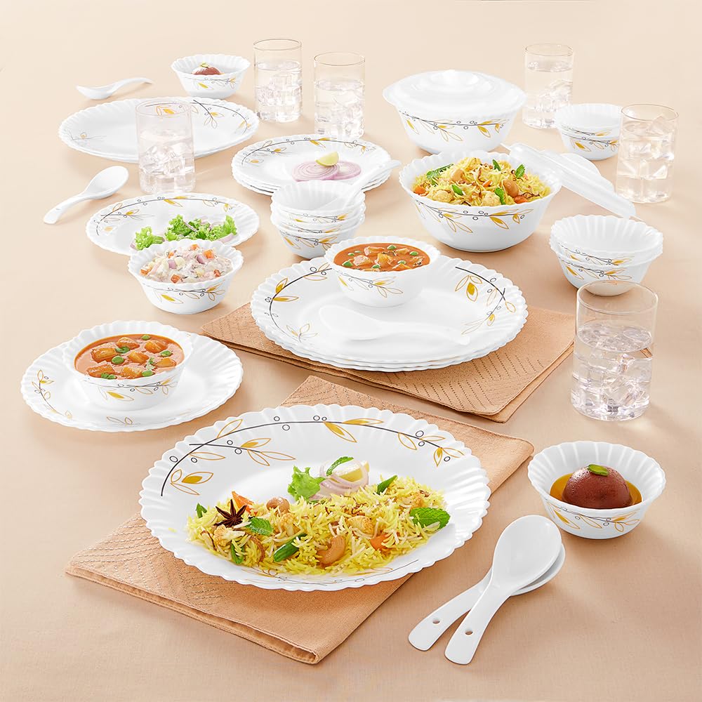 Larah By Borosil Bella Silk Series Opalware Dinner Set With Glasses, 40 Pieces For Family Of 6, Microwave & Dishwasher Safe, Bon
