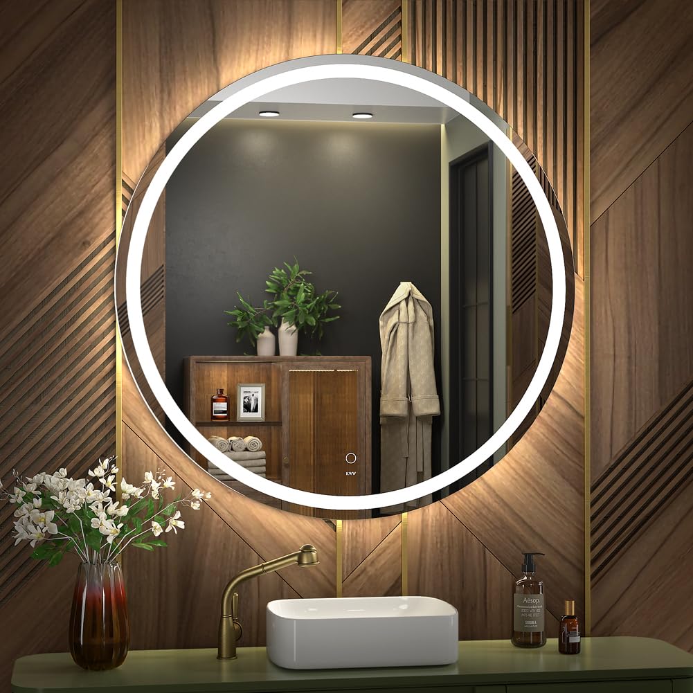 Kww 32 Inch Large Modern Led Round Bathroom Vanity Mirror, Color Temperature Adjustable, Anti-Fog Dimmable Lights, Easy To Insta