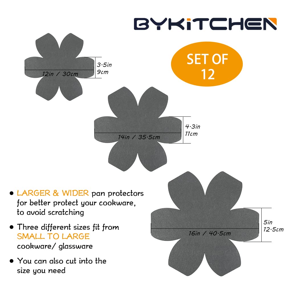 Bykitchen Pan Pot Protectors, Set Of 12 And 3 Different Sizes, Larger & Thicker Felt Pot Pan Separators, Gray Pan Dividers Prote