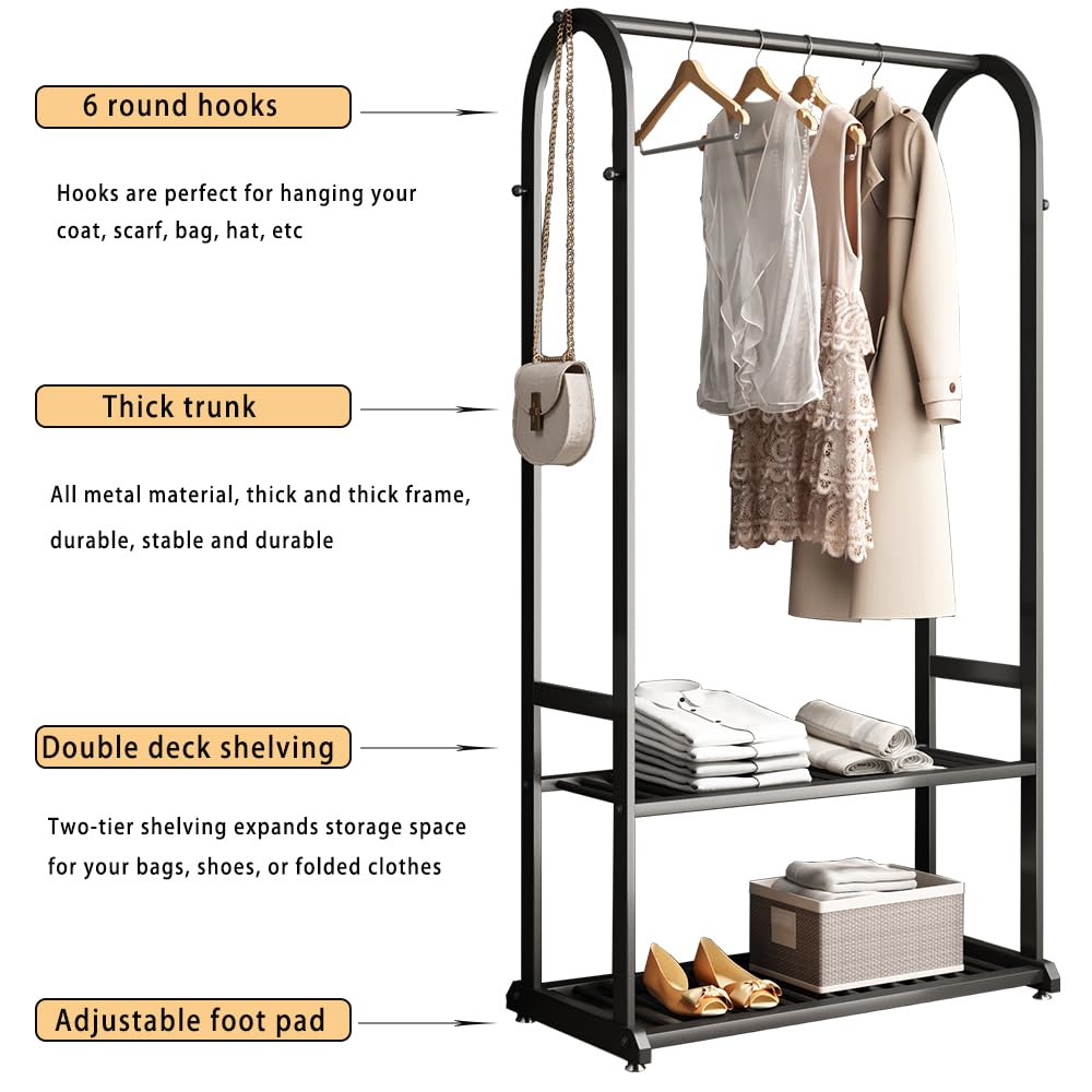 Buzuey Heavy Duty Clothes Rack,Clothing Rack For Hanging Clothes,Black Garment Rack With Bottom Shelves,Rack For Clothes To Hang
