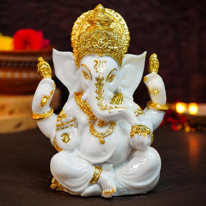 Ekhasa Aura Series Marble Dust Ganesha Idol (5 Inch) | Gold Plated Ganesh Murti For Pooja Room, Home Decor, Office Desk | Resin 