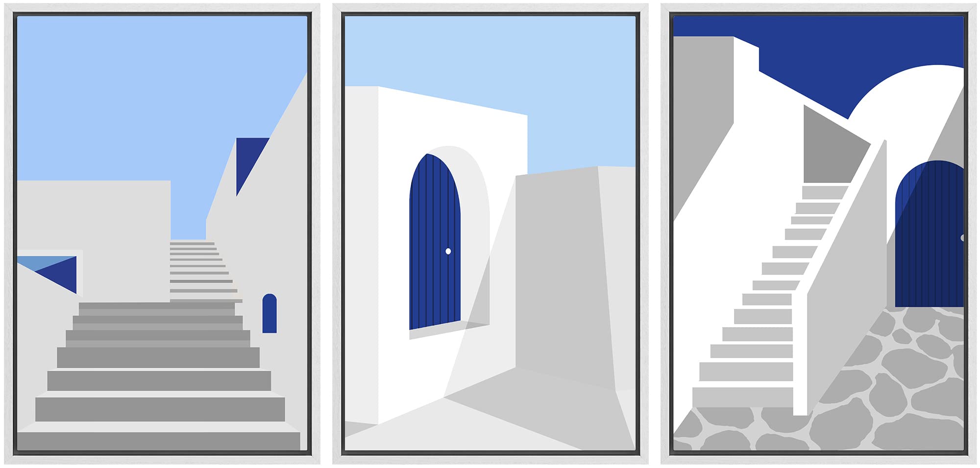 Signwin Framed Canvas Print Wall Art Set Mediterranean Blue White Architecture Places Country Illustrations Modern Bohemian Scen