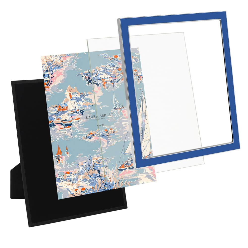 Laura Ashley 8x10 Riverside Blue Enamel Picture Frame, Silver Metal Edge with Easel, for Countertop, Tabletop Display, Bookshelf