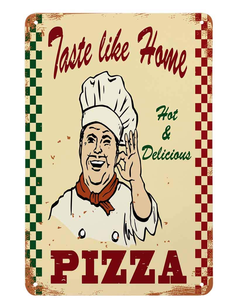 Aoyego Pizza Poster Tin Sign,Italian Chef Kissing Fingers With Taste Like Home Pizza Vintage Metal Tin Signs For Cafes Bars Pubs