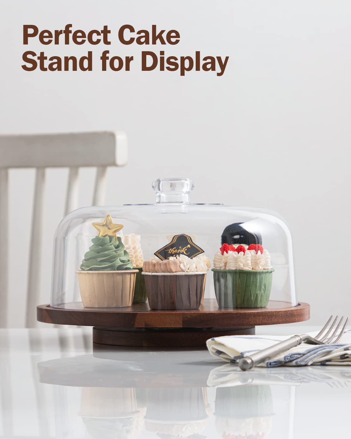 Fun Elements Rotating Cake Stand With Dome, Acacia Wood Cake Plate | Lazy Susan With Acrylic Lid For Table, Cheese Board & Servi