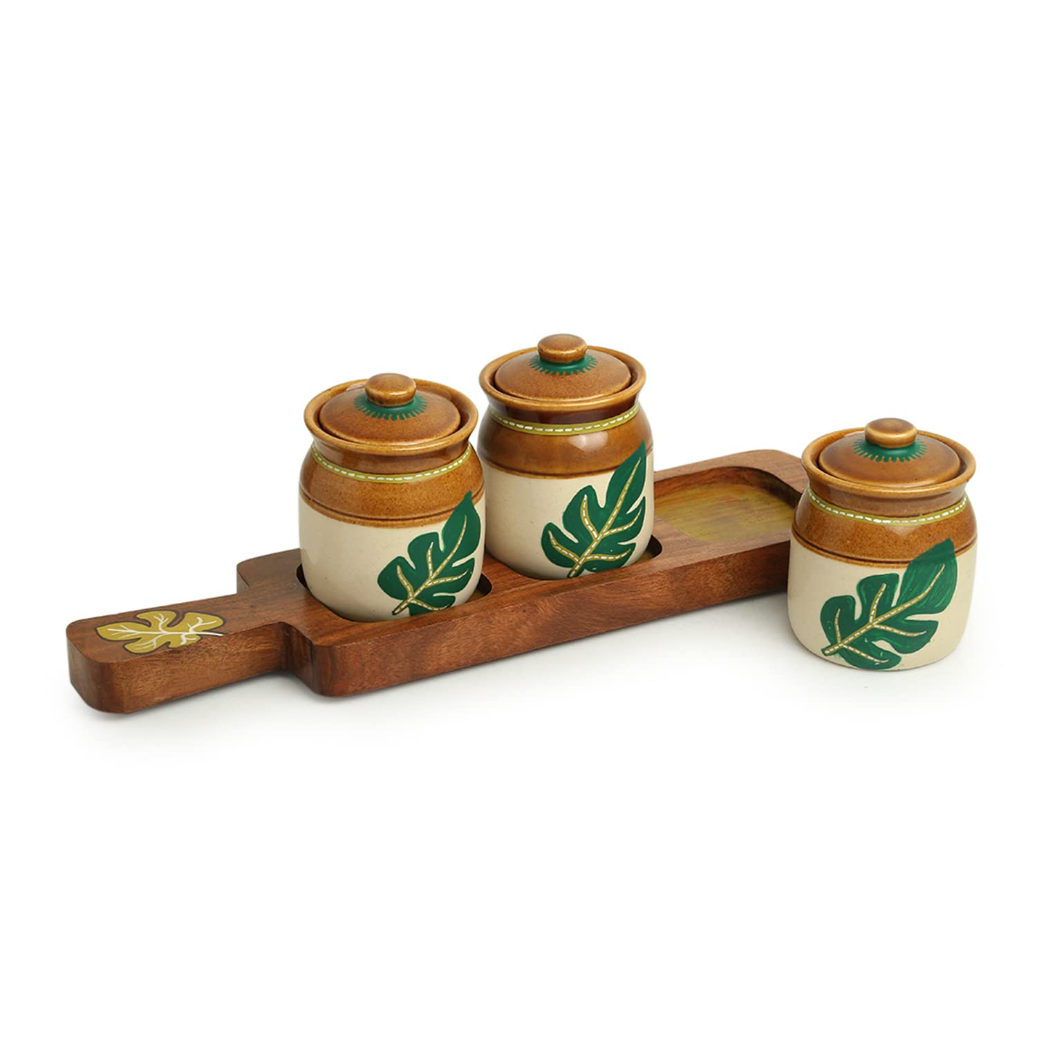 Exclusivelane Leaf Handpainted Indian Pickle Jars With Lids & Wooden Tray Traditional Indian Style Pickle Container For Dining T