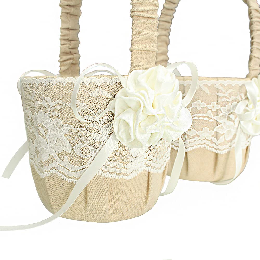 Frlal 2Pcs Three Ivroy Flowers Wedding Flower Baskets Linen Party Favor