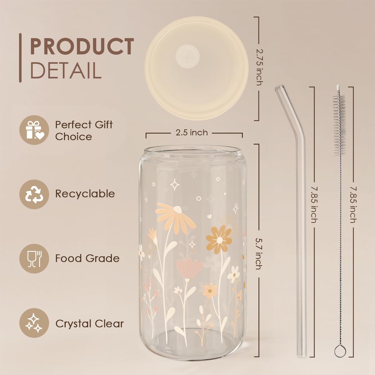 SANDJEST Flower Glass Can, Floral Cup with Lid & Straw, Iced Coffee Aesthetic Cups, Idea Gift for Christmas Birthday Mother Day,