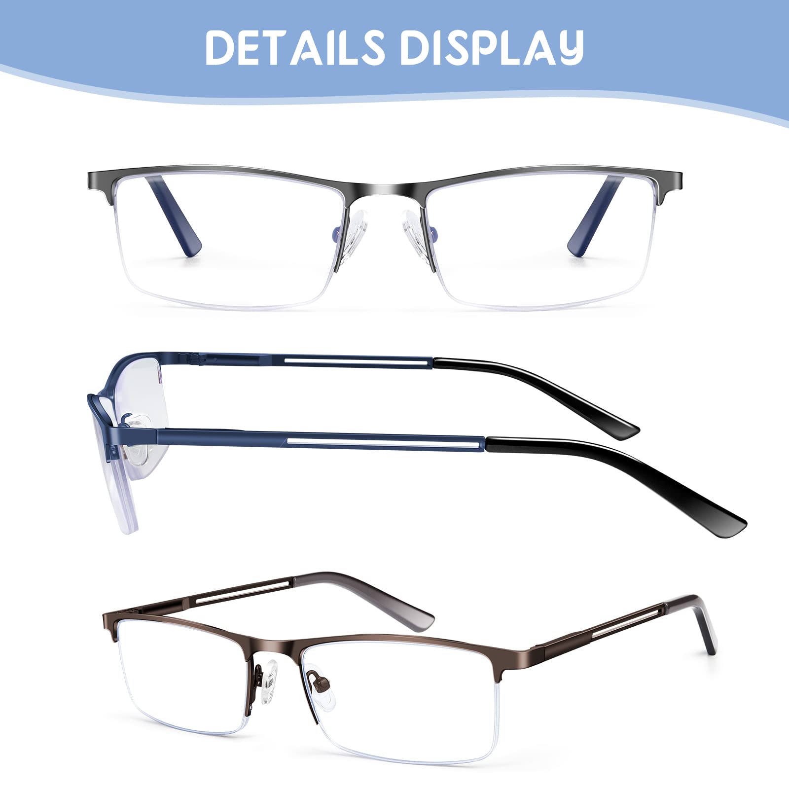 Konhago Blue Light Blocking Reading Glasses For Men, Half Frame Metal Readers Spring Hinge Eyeglasses Anti Eyestrainglareuv
