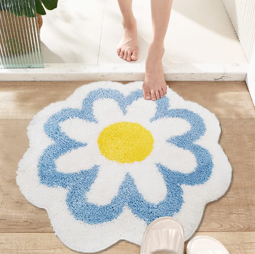 YRXRUS Flower Bath Mat, Blue Bathroom Rug, Beauty Bath Mats, Ultra Soft Microfiber Bath Rug, Machine Washable Flower Rug, Shower