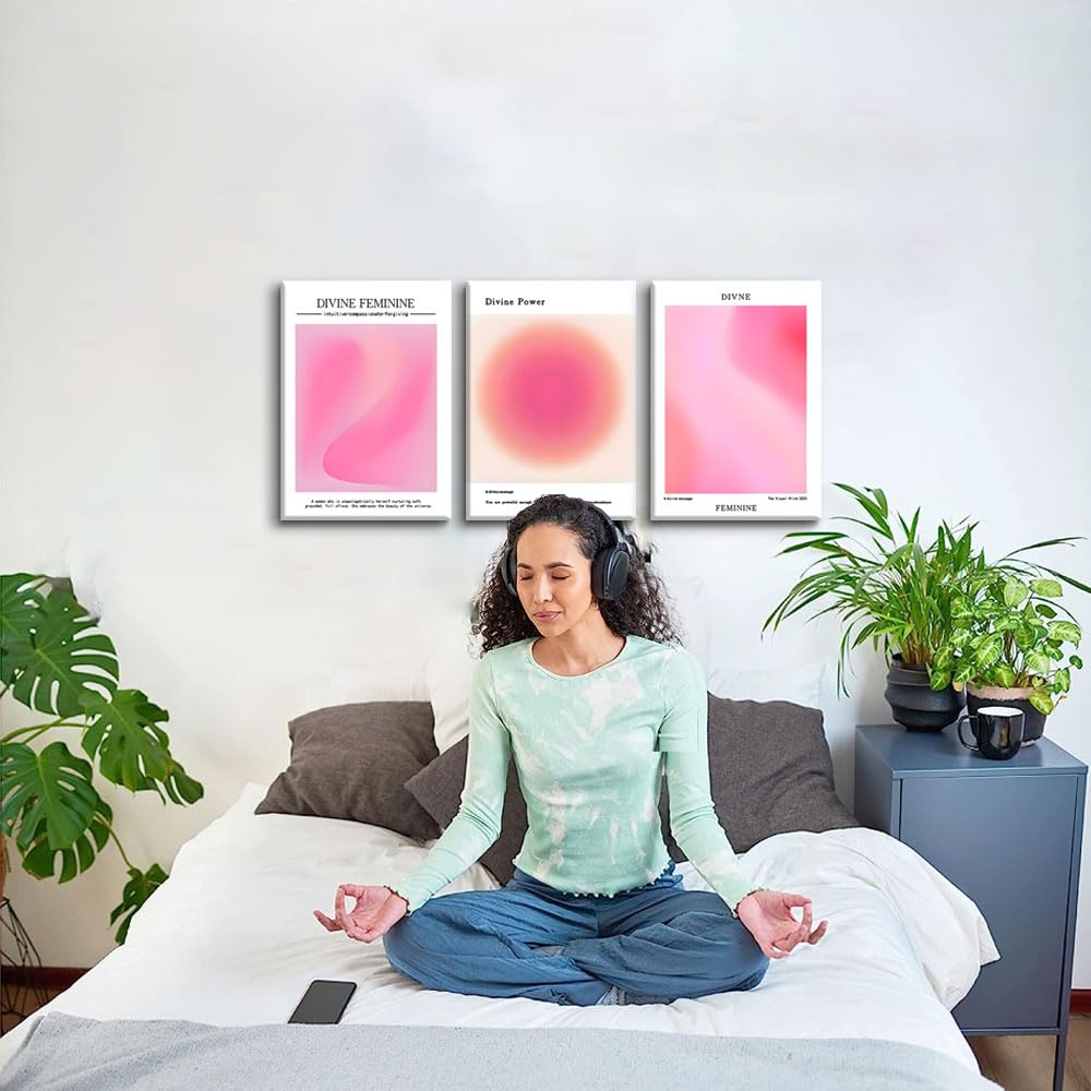 Trendy Aesthetic Canvas Wall Art Aesthetic Set Of 3 | Pink Gradient Aura Angel Posters Prints Room Decor | Pink Wall Art Decor F