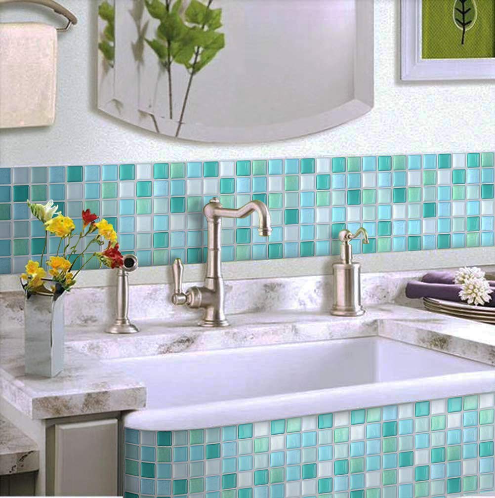 Vancore 3D Mosaic Sticker Peel And Stick Tile Backsplash Wall Paper For Home Kitchen, Pack Of 4, Light Blue