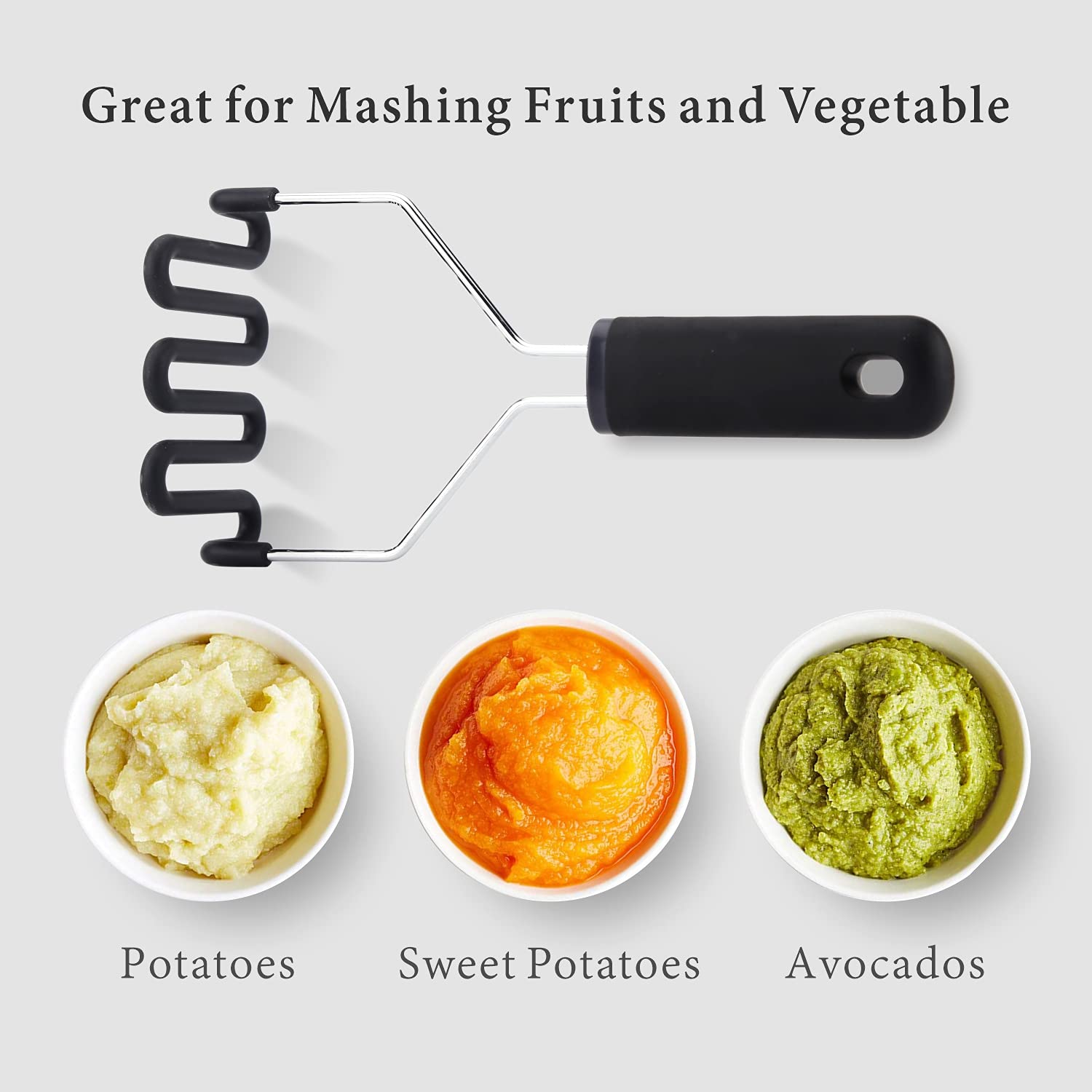 Kitchendao Non-Scratch Potato Masher, Heavy Duty 18/8 Stainless Steel Wrapped In Premium Silicone, Soft Touch Handle, Versatile
