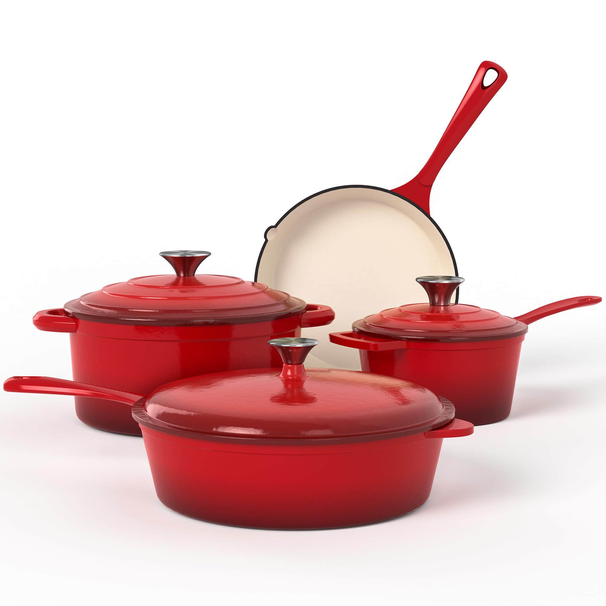 Kitchen Academy 7Pcs Red Enameled Cast Iron Cookware Sets, Heavy Duty