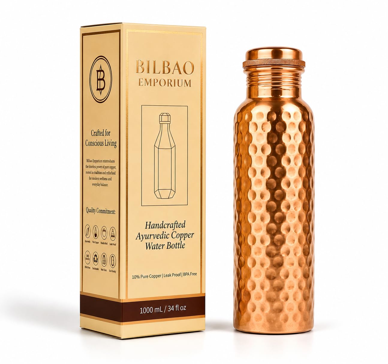 Bilbao Emporium Copper Water Bottle 34 Oz | 280+Gms bottle/Pure Copper Hammered Ayurvedic Bottle | Leak Proof Lid | Heavy Gauge 