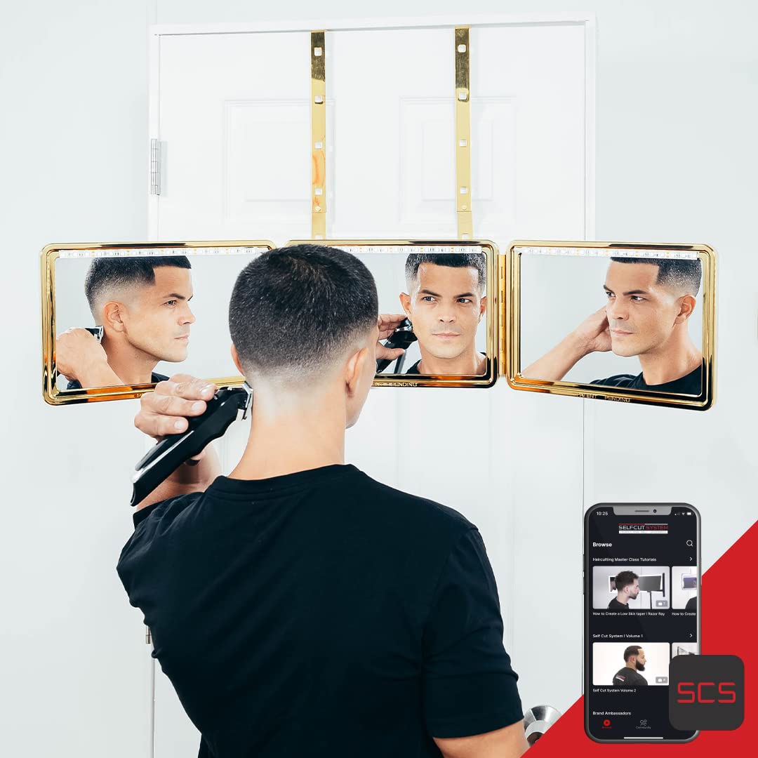 Self-Cut System King'S Gold Plated Mirror, Three Way, 360, Trifold, Self Haircuts, 9.5''X14''