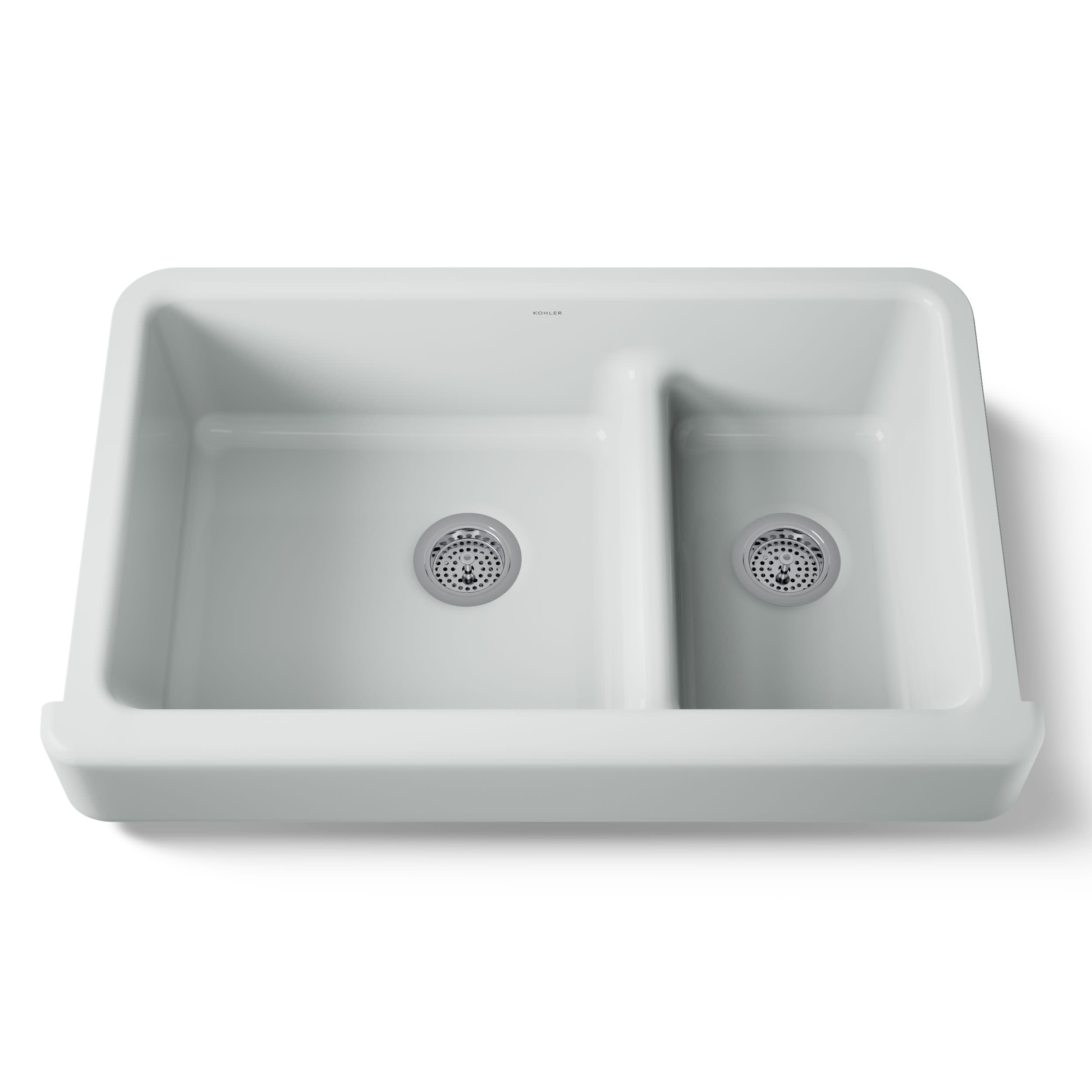 Kohler 6426-95 Whitehaven Smart Divide 35-1/2 undermount double-bowl farmhouse kitchen sink with short apron, Ice Grey