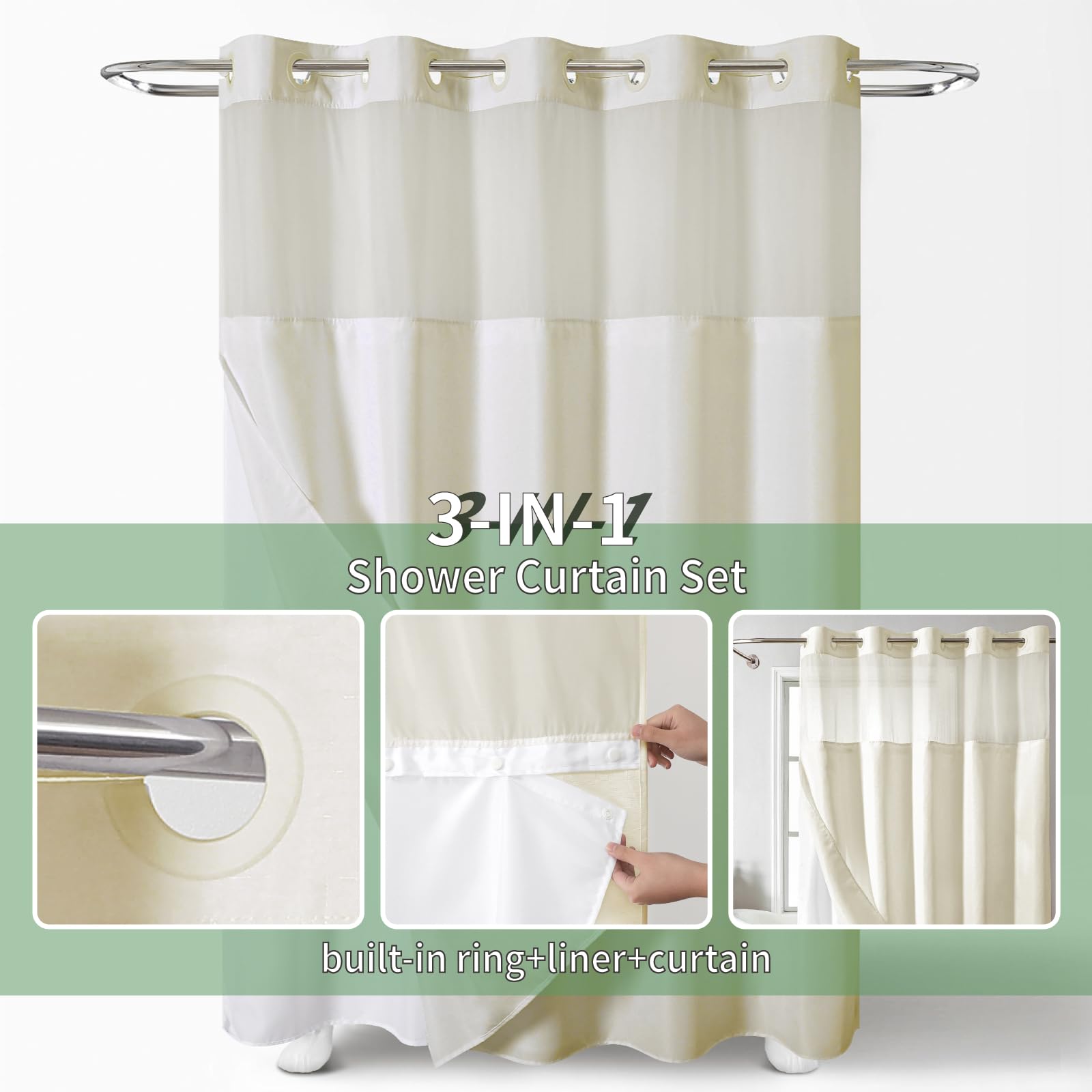 Eachope Cream Long No Hook Shower Curtain With Snap-In Fabric Liner Set,Slub Textured Fabric Shower Curtains For Bathroom,Hotel