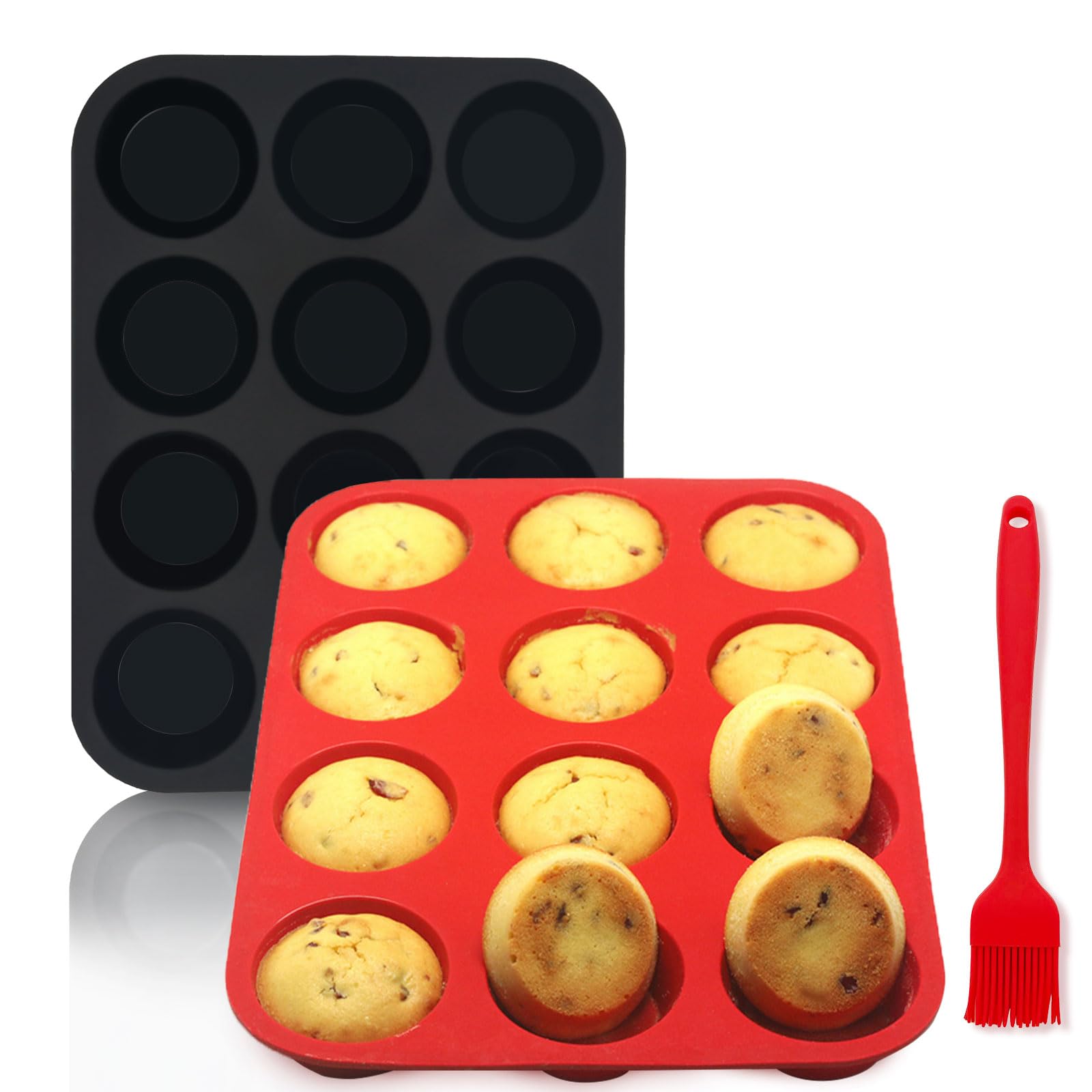 Bongpuda Silicone Muffin Pan Set,2 Pcs 12 Cups Egg Bite Mold,Non-Stick,Easy Release,For Egg Muffins, Cupcakes, Large Muffins,Piz