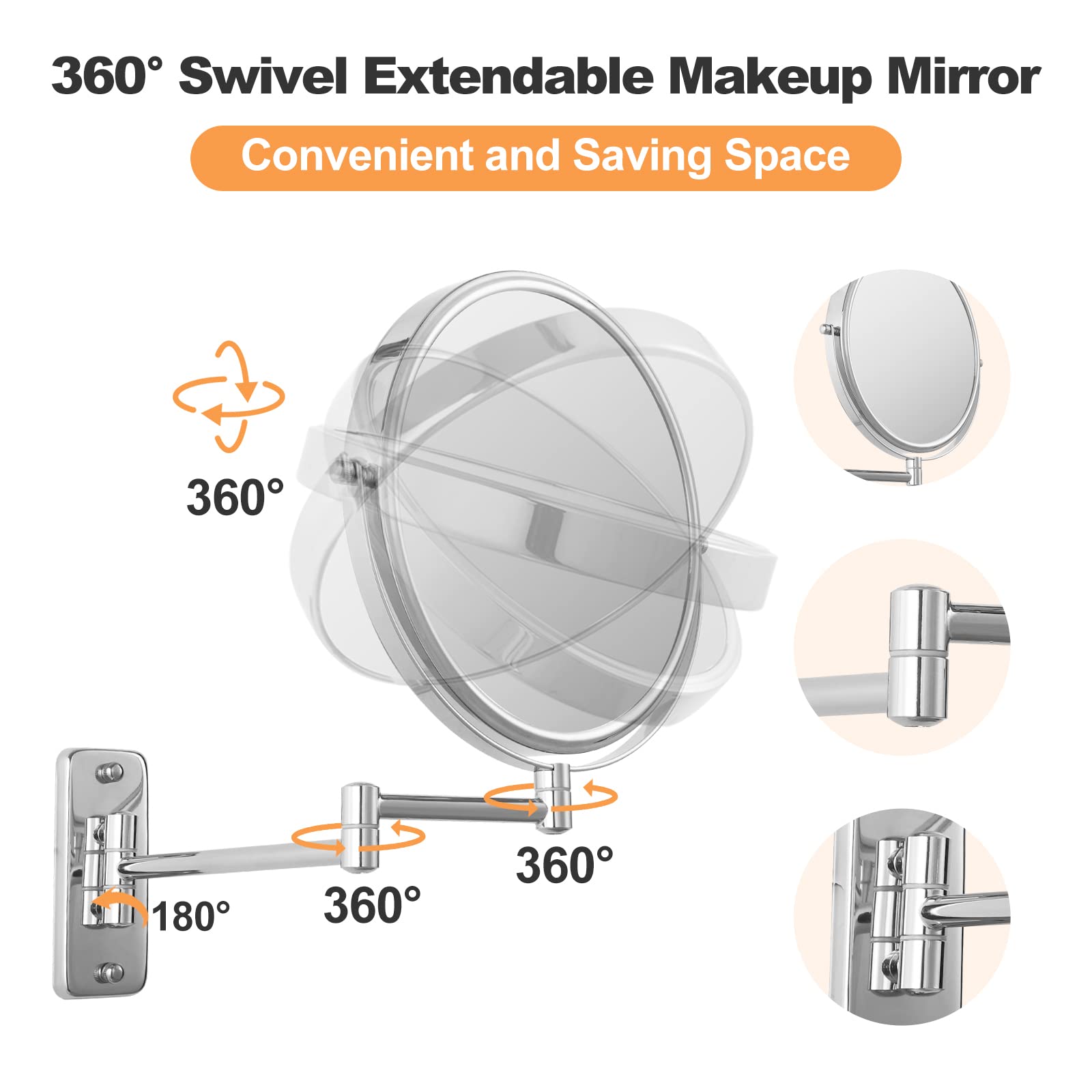 Ffowcye 9'' Magnifying Wall Mounted Makeup Mirror, 1X/7X Double-Sided Bathroom Vanity Mirror, Swivel Extendable Shaving Mirror,
