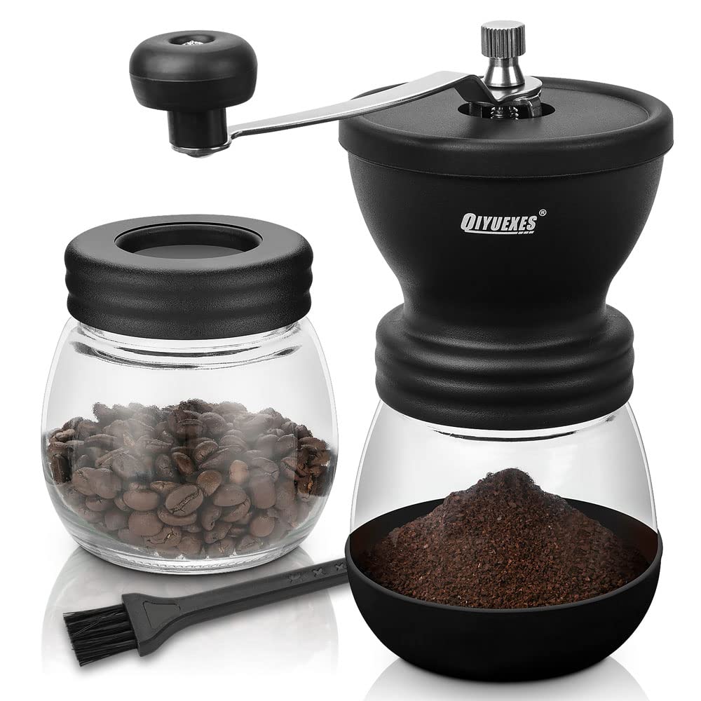 Qiyuexes Manual Coffee Grinder With Burr, Coffee Bean Grinder For Espresso, French Press, Cold Brew, Includes 2 Glass Jars (11Oz