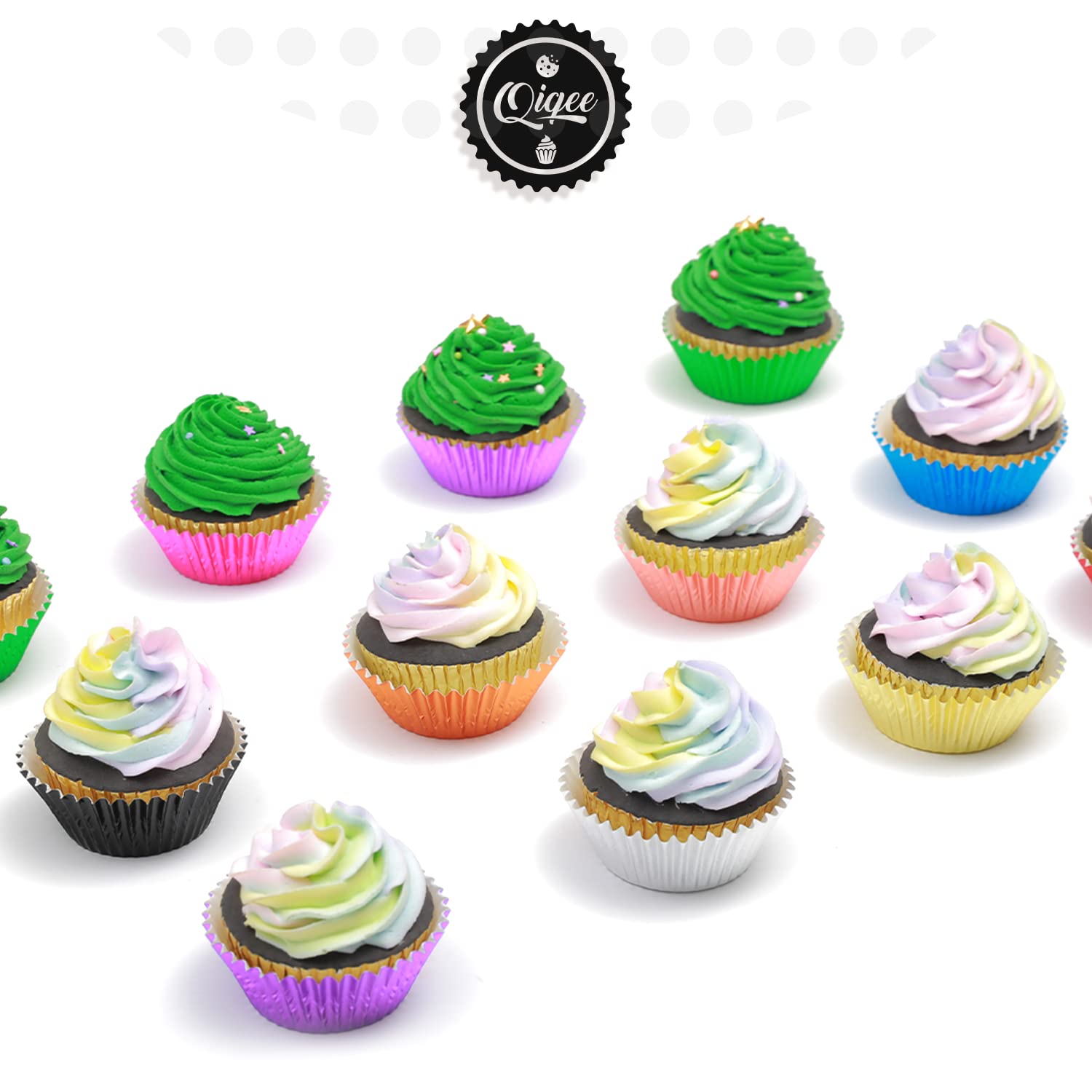 Qiqee 500Pcs Foil Cupcake Liners For Baking Standard Size Thick & Sturdy Oil Resistance, 10 Color Baking Cups Muffin Liners Pape