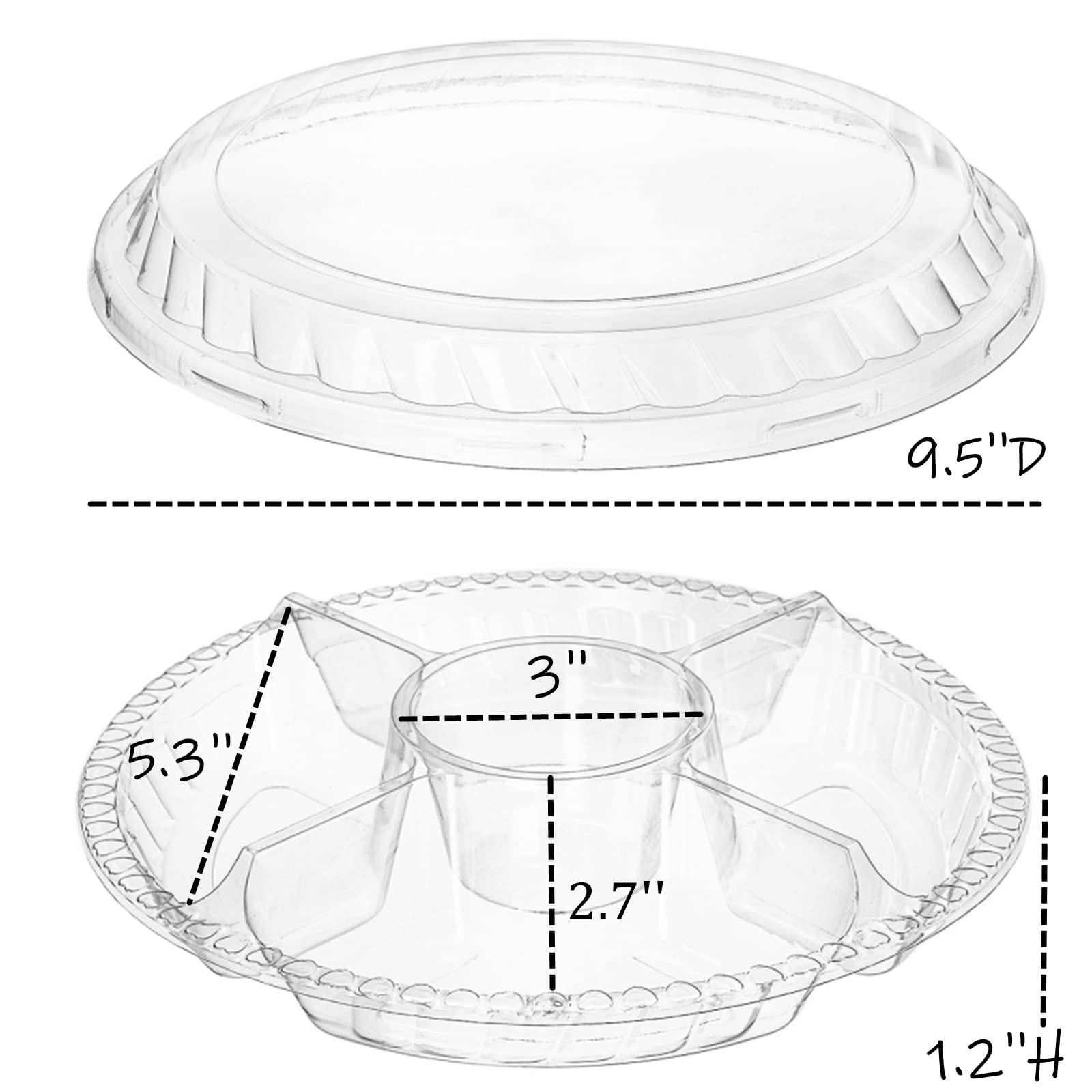 Lyellfe 30 Pack Plastic Appetizer Tray With Lid, Disposable Veggie Fruit Snack Tray With 5 Compartment, 9.5 Inch Heavy Duty Clea