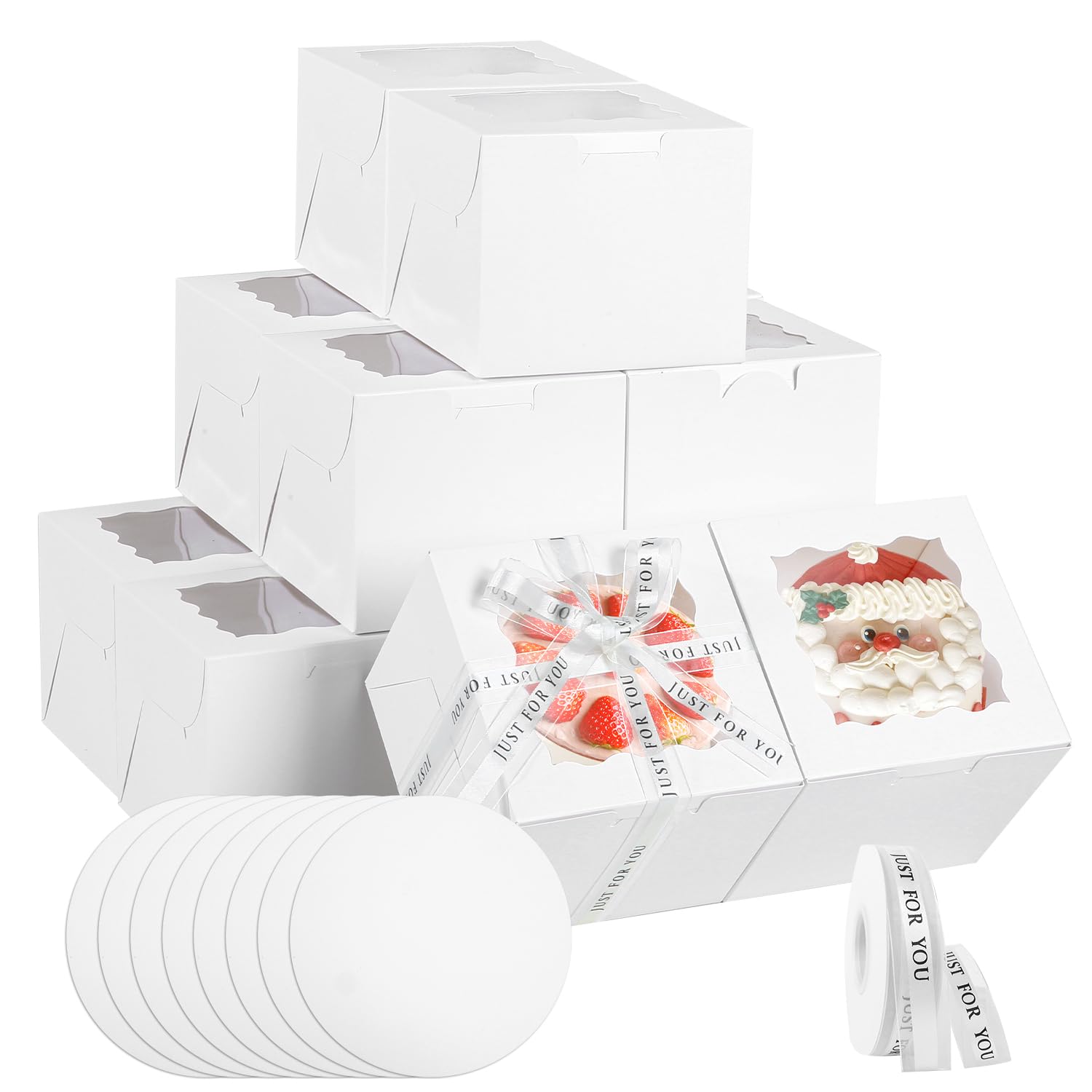 JCD 48PCS 7x7x5 inch Mini Cake Boxes with Cake Boards, White Bakery Boxes with Window for Pastries,Cake Containers with Ribbon f