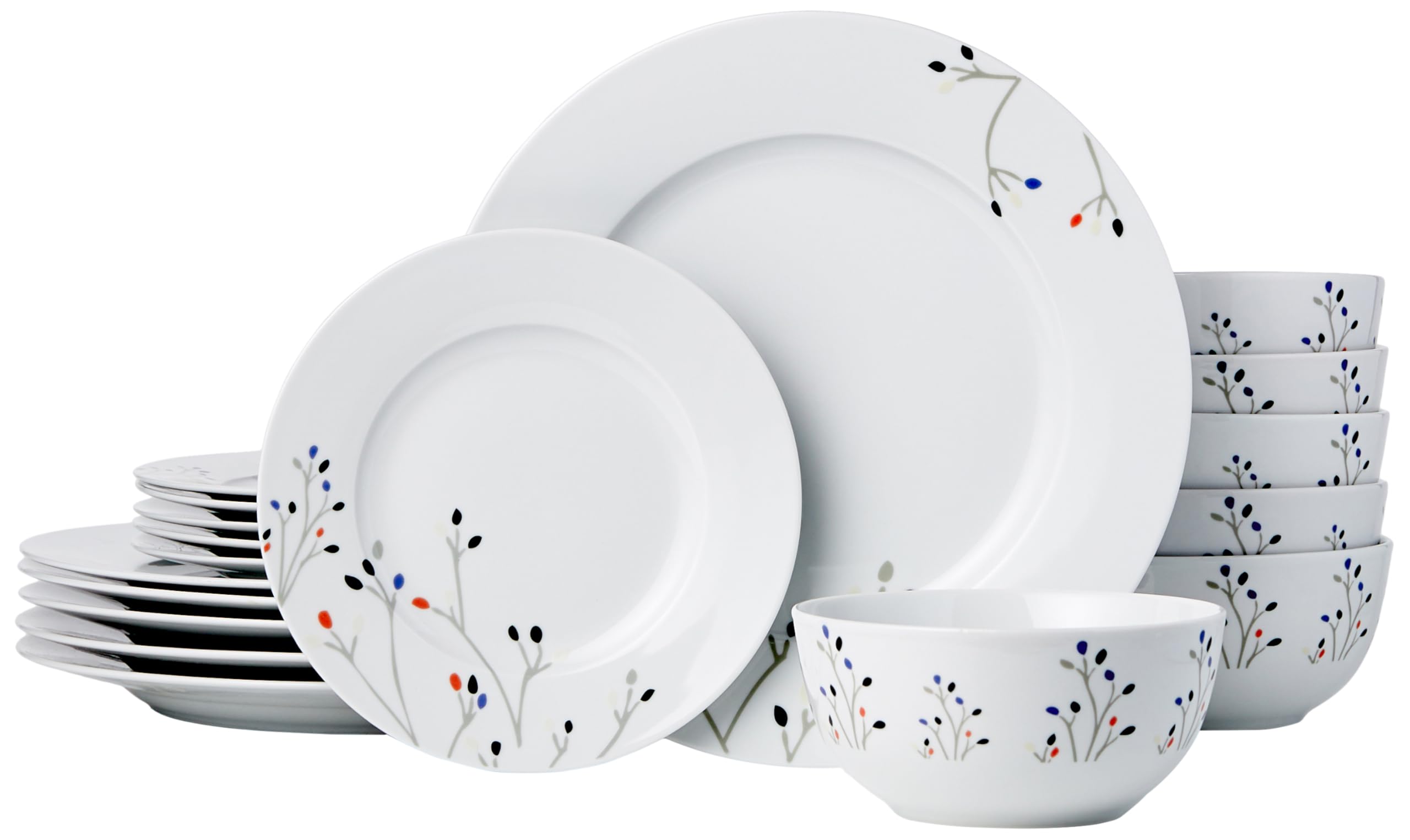 Amazon Basics 18-Piece Kitchen Dinnerware Set, Plates, Dishes, Bowls, Service for 6, Branches