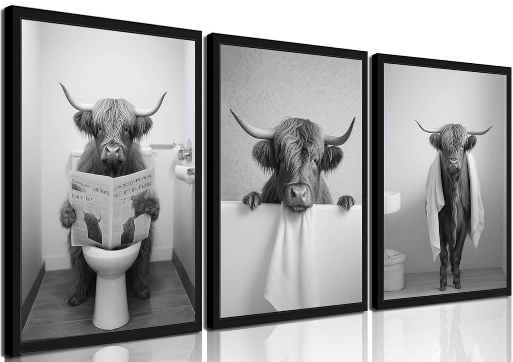 Wood Frame Funny Bathroom Highland Cow Wall Art, Black And White Cute Cow Animal Canvas Posters Prints Set Of 3, Vintage Rustic 