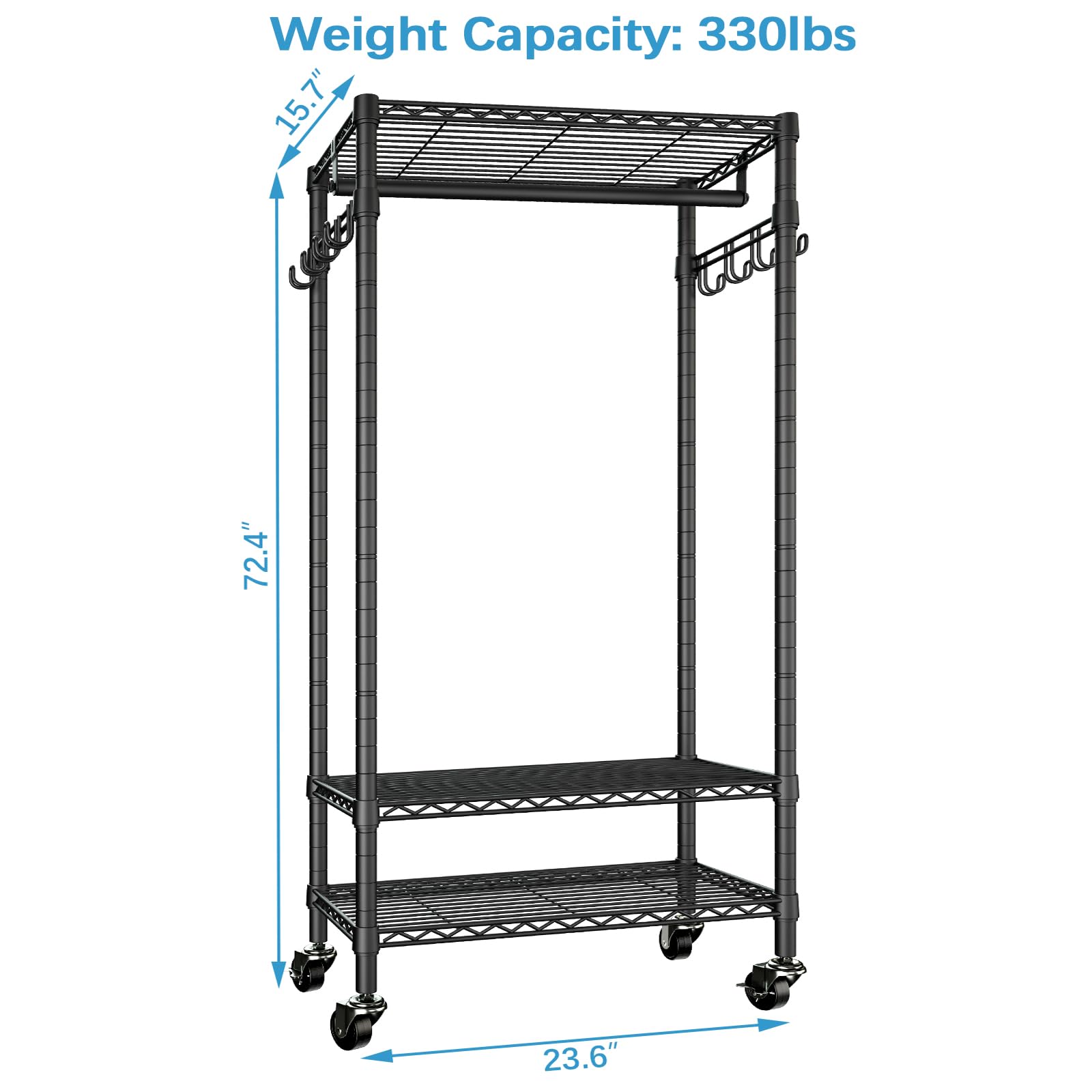 Vipek R1 Medium Rolling Clothes Rack Portable Garment Rack For Hanging Clothes, 3 Wire Shelves Freestanding Heavy Duty Clothing
