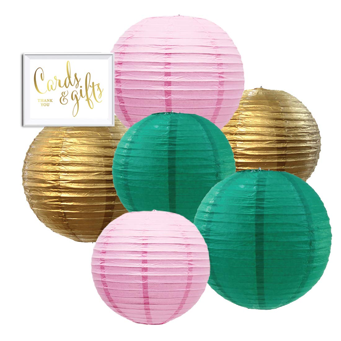 Andaz Press Blush Pink, Emerald Green, Gold Hanging Paper Lanterns Decorative Kit, 6-Pack Table Party Sign, Tropical Luau, Cactu