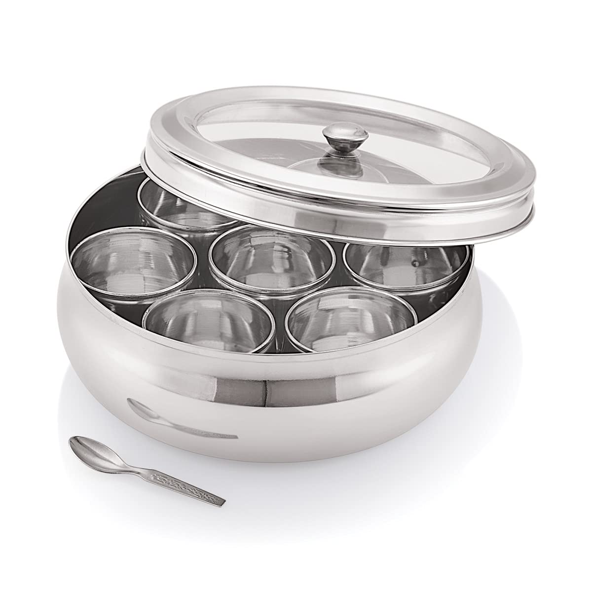 Attro Belly See Through Stainless Steel Spice Box/Masala Dabba With Lid, 7 Containers And 2 Small Spoons Big Size 12 Inch, Silve