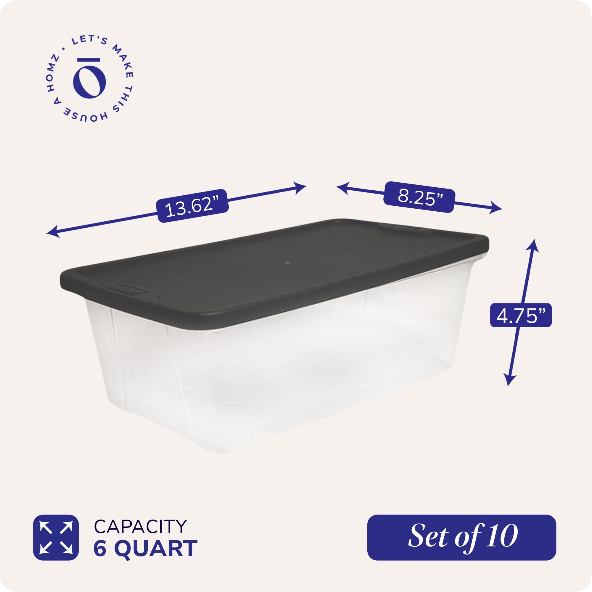 Homz 10 Pack Storage Bins, Clear Plastic Organizing Containers W/Gray Lids, 6 Quart