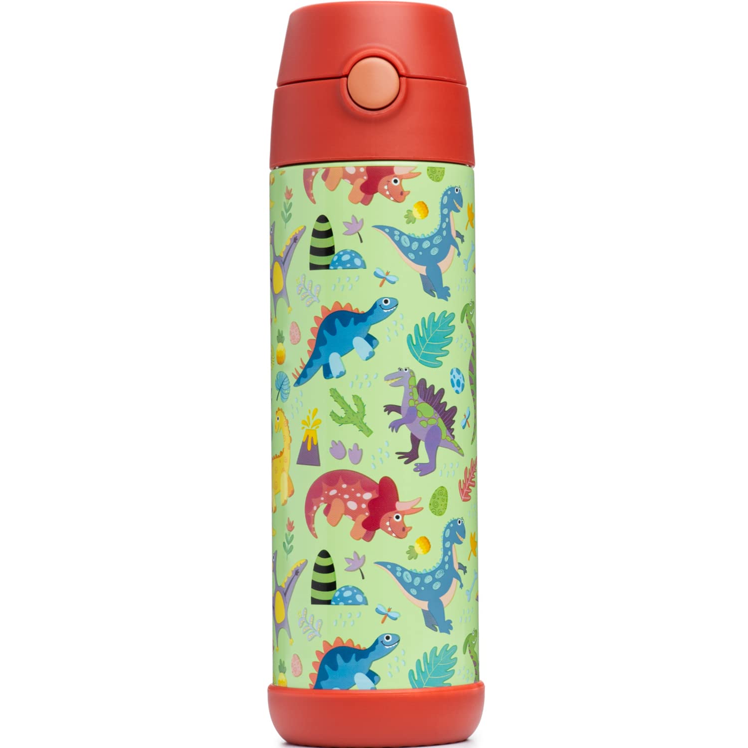 Snug Kids Water Bottle - Insulated Stainless Steel Thermos With Straw (Girls/Boys) - Dinosaurs, 17Oz