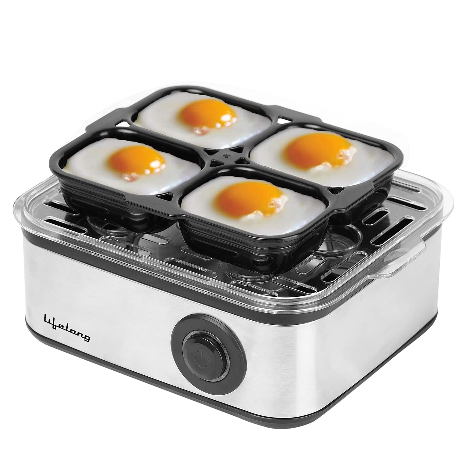 Lifelong 2in1 Egg Boiler and Poacher 500Watt (Black), Boil 8 eggs, Poach 4 eggs, Easy to clean| 3 Boiling Modes, Stainless Ste