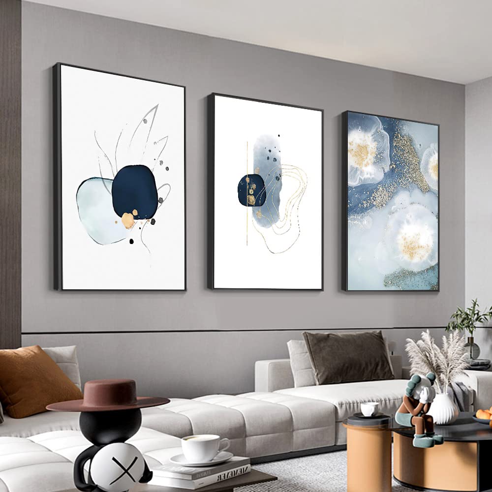 3 Framed Abstract Canvas Wall Art, Artwork In Blue, White And Grey, Simple And Elegant For Living Room Bedroom Office Decor