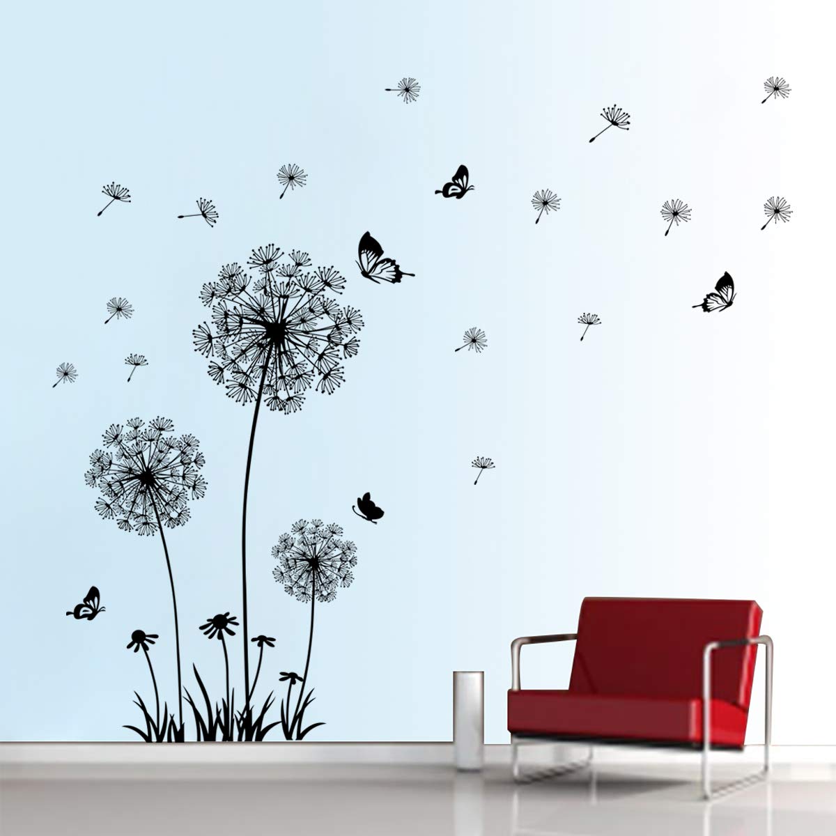 Decalmile Dandelion Wall Decals Flying Flowers Butterflies Wall Stickers Dandelion Wall Art Living Room Bedroom Decor (Black)