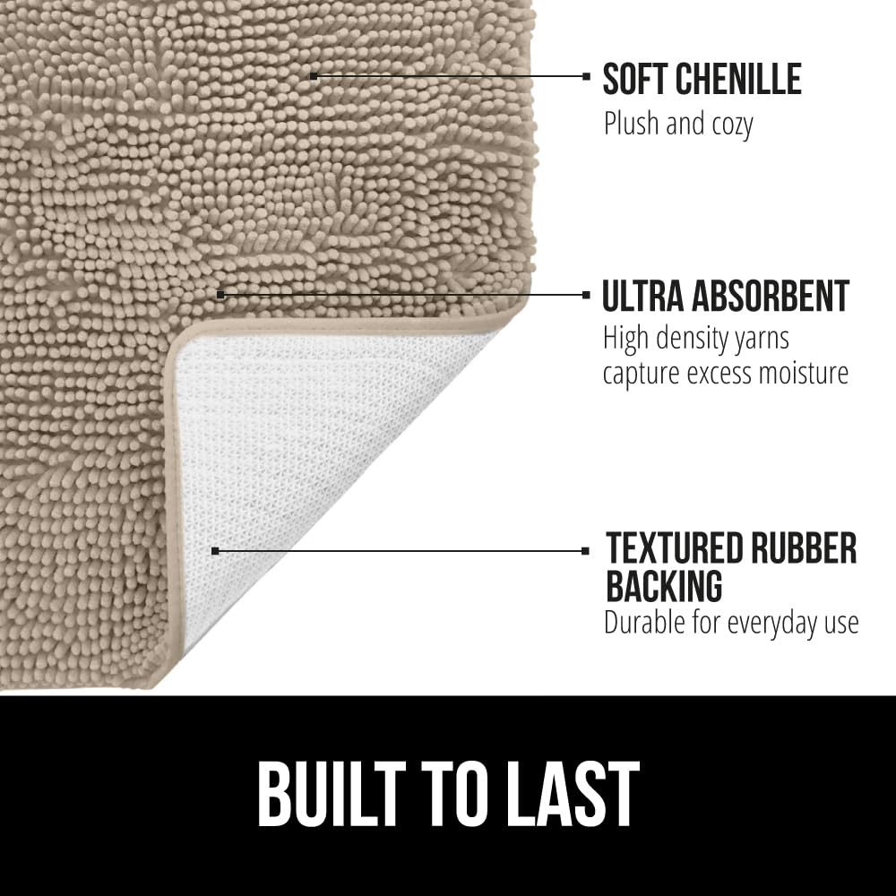 Gorilla Grip Bath Rug 60x24  Thick Soft Absorbent Chenille  Rubber Backing Quick Dry Microfiber Mats  Machine Washable Rugs for Shower Floor  Bathroom Runner Bathmat Accessories Decor  Beige